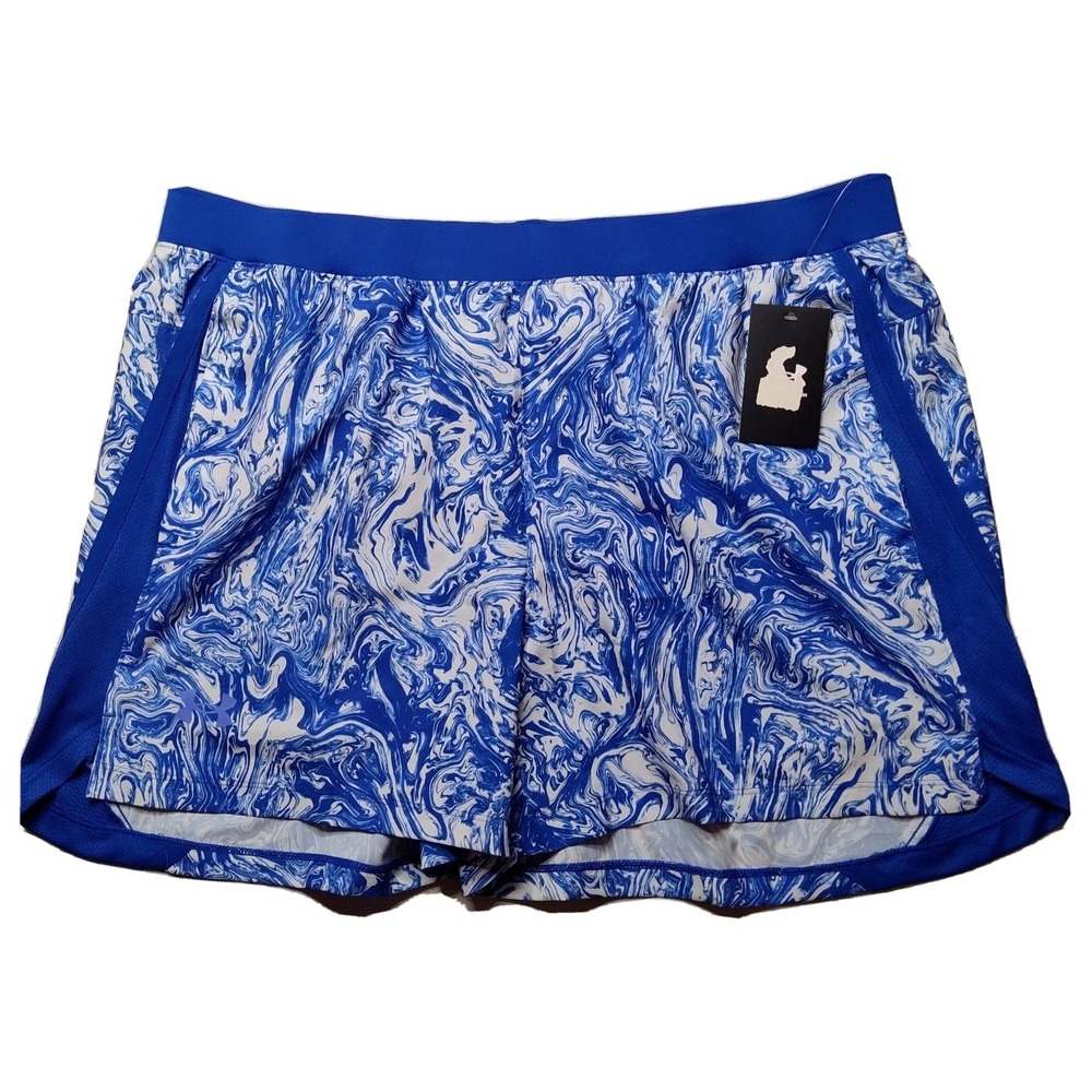 UNDER ARMOUR Men 2XL Blue Marble Fitted Brief Lined Launch SW 5" PRT Shorts NEW